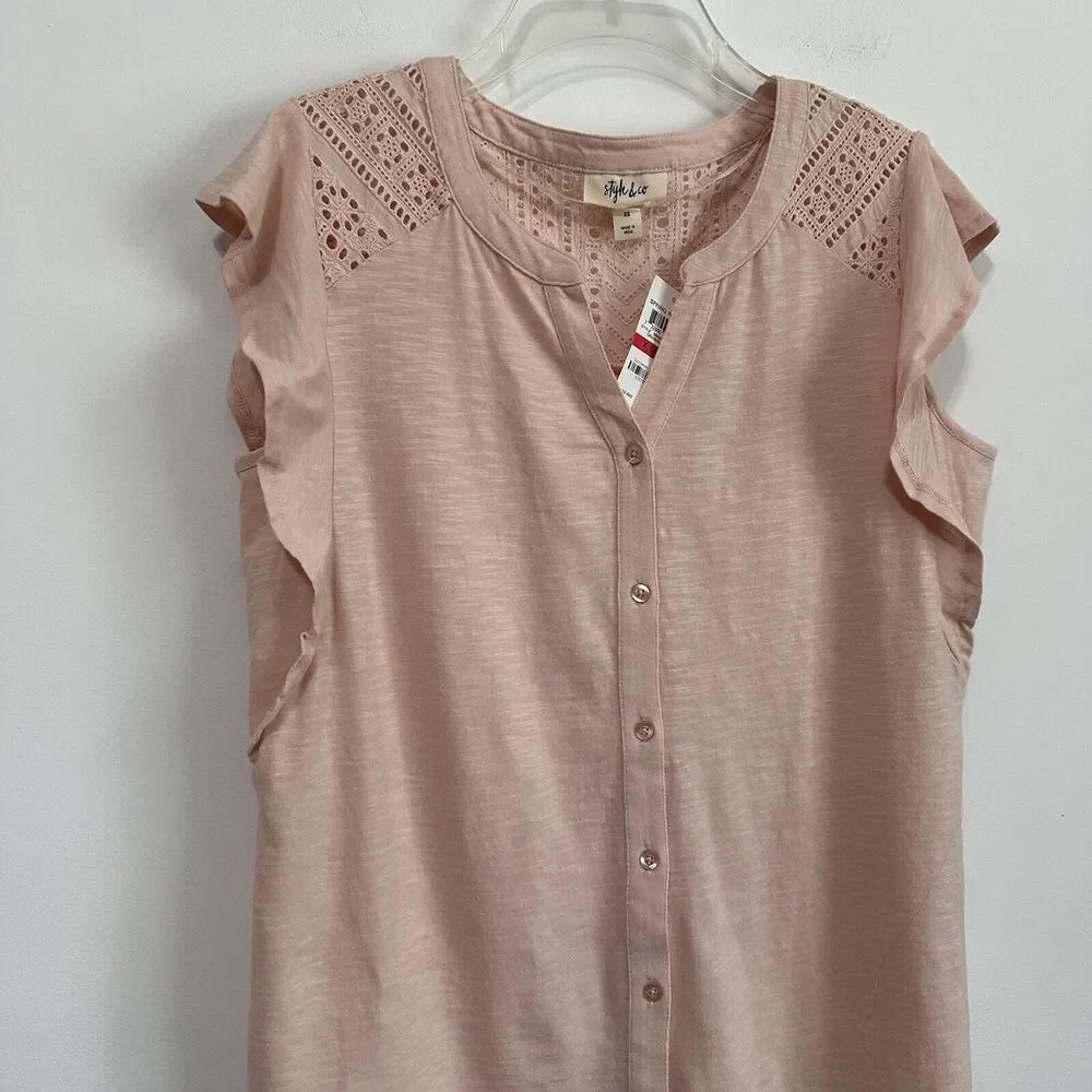 Style & Co Top XS Cap Flutter Sleeve Crushed‎ Petal Pink Popover Casual Lace NEW - Picture 6 of 11